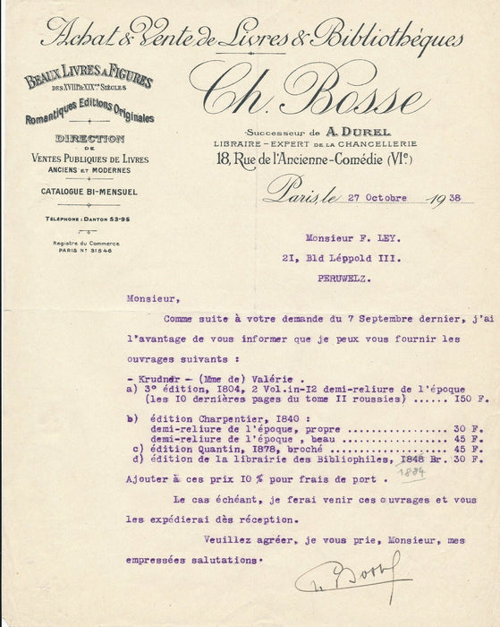 libraire Charles Bosse bibliographie Valérie Krüdener 2 lettres tapuscrites 