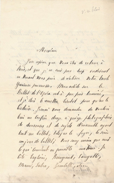 V. DU BLED ballet opéra Taglioni Beaugrand Sanyalli Mauri autographe lettre