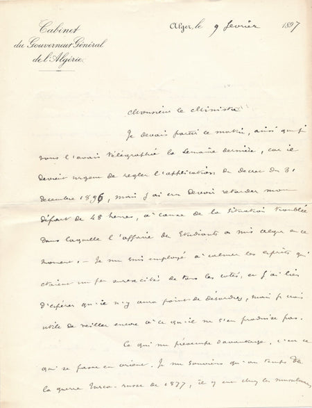 Jules Cambon très intéressante lettre sur Algérie antisémitisme autographe