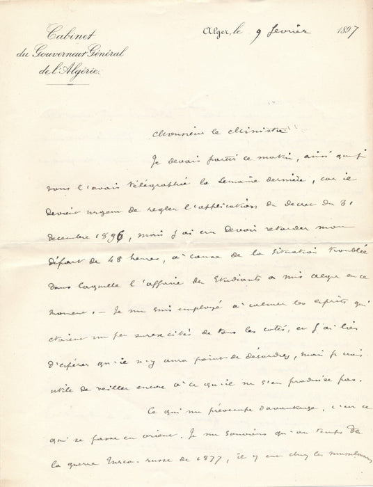Jules Cambon très intéressante lettre sur Algérie antisémitisme autographe