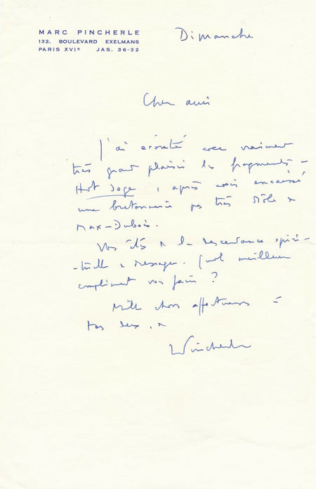 Marc PINCHERLE lettre autographe signée plaisir écoute Messager Max Dubois