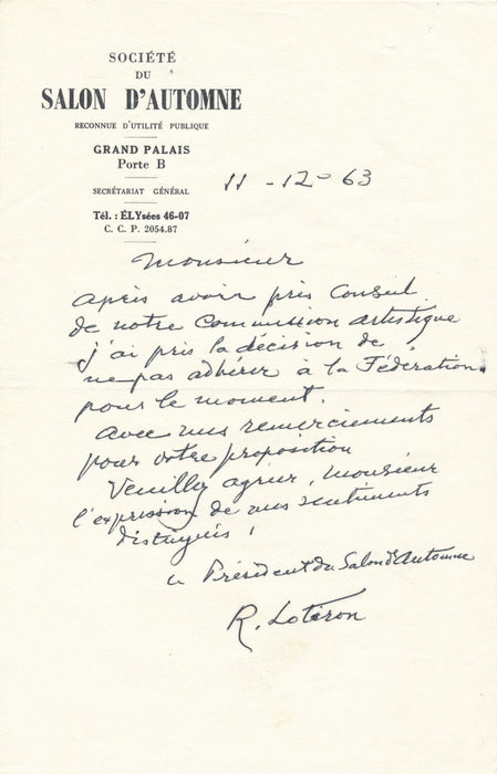 le salon d'Automne de Robert LOTIRON joue "solo" lettre autographe signée 1963