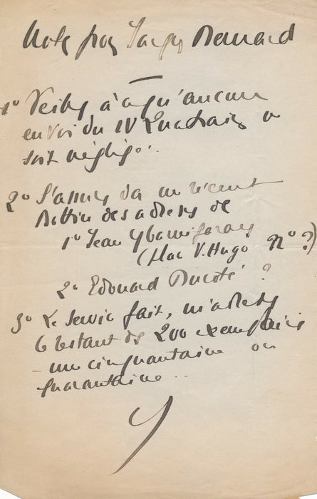Francis JAMMES envoie une note sur le livre des Quatrains 4e à J. Bernard lettre