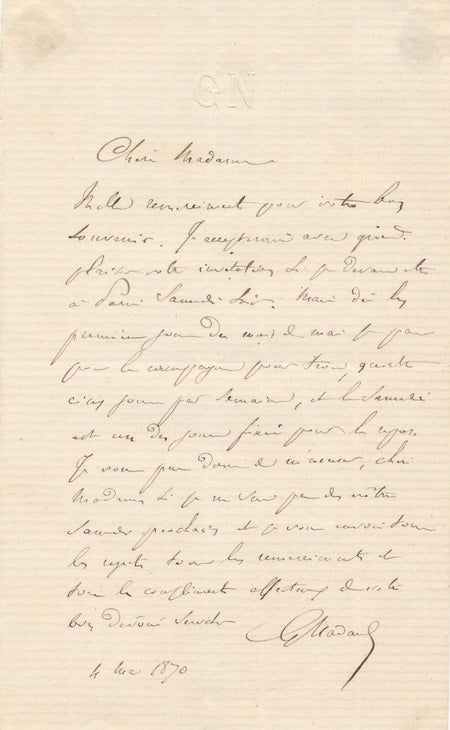 Gustave NADAUD lettre autographe signée à MOSNERON DE SAINT-PREUX 
