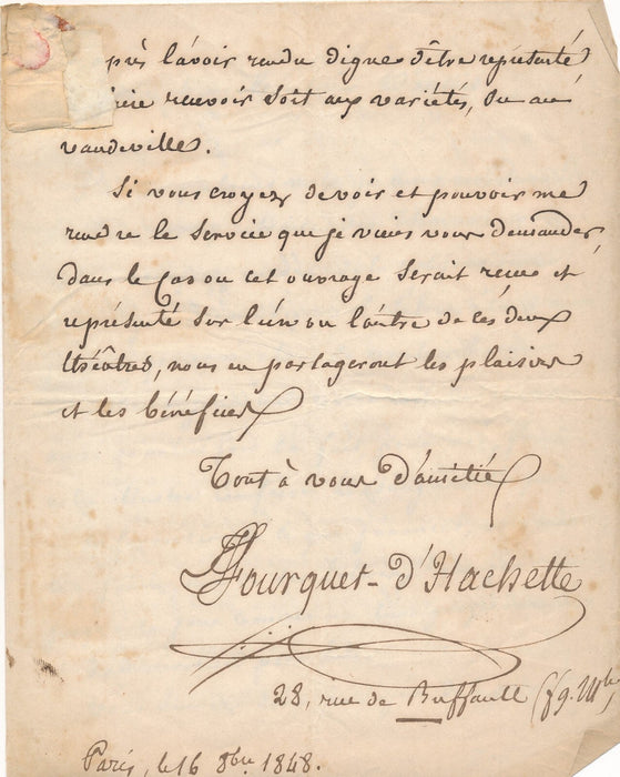 FOURQUET D'HACHETTE à Armand d'Artois soumet une pièce lettre autographe signée