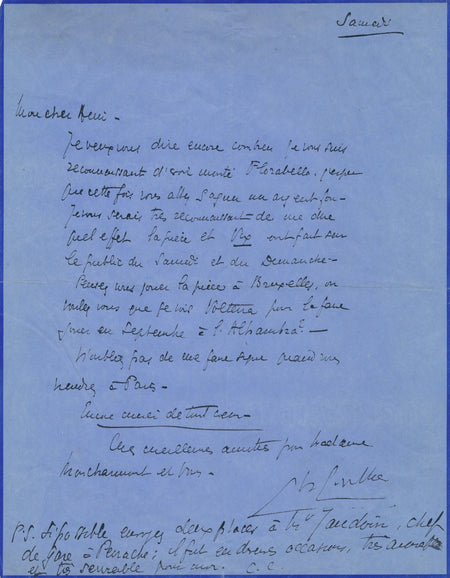 Charles CUVILLIER Florabella lettre autographe signée " un argent fou "