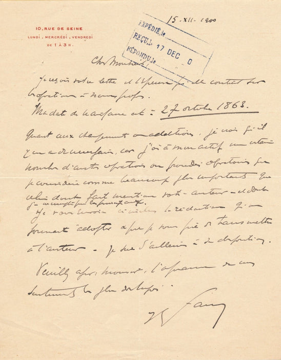Jean-Louis FAURE chirurgie gynécologie lettre autographe signée opérations