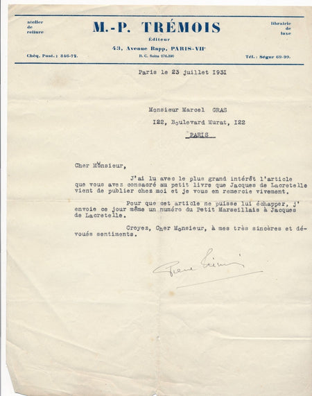 M.-P. Trémois, libraire éditeur relieur lettre signée Suares remerciements