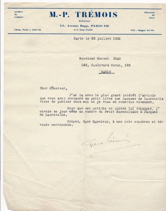M.-P. Trémois, libraire éditeur relieur lettre signée Suares remerciements