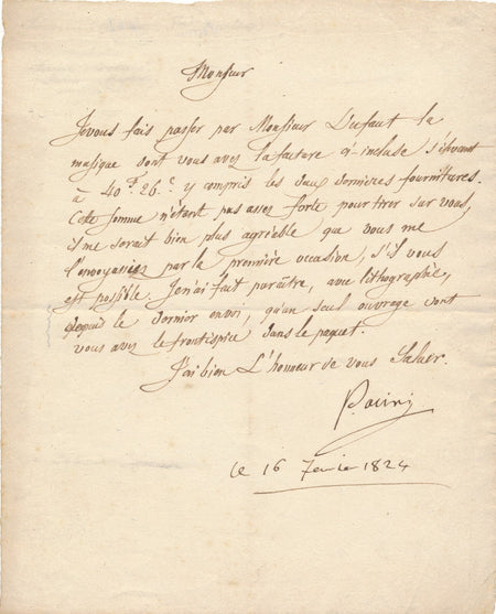 Antonio PACINI lettre signée et daté envoi de musique imprimée lithographie