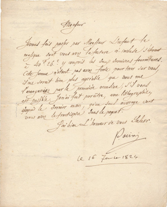 Antonio PACINI lettre signée et daté envoi de musique imprimée lithographie