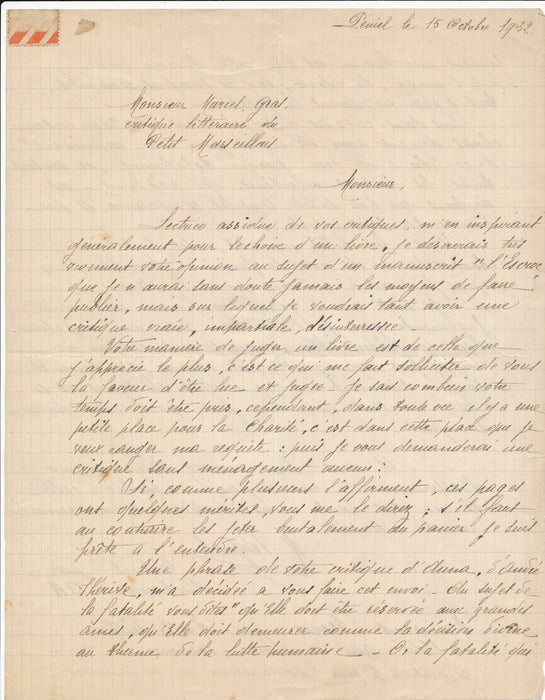 2 lettres manuscrites d’écrivains débutants, datées de 1932 à Marcel Gras 
