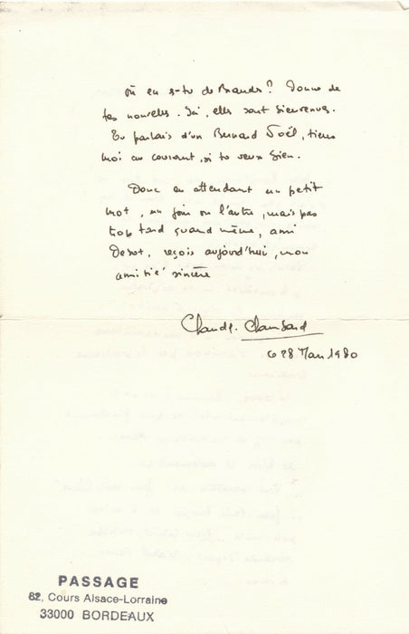 Claude CHAMBARD Ce moment-là EO envoi autographe et lettre à Laurent Debut
