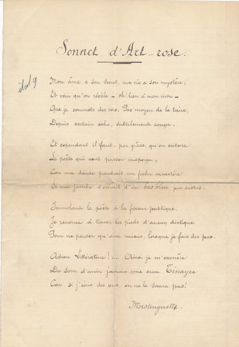 Mistinguett lettre autographe signée bonne année 1928 et pastiche sonnet Arvers