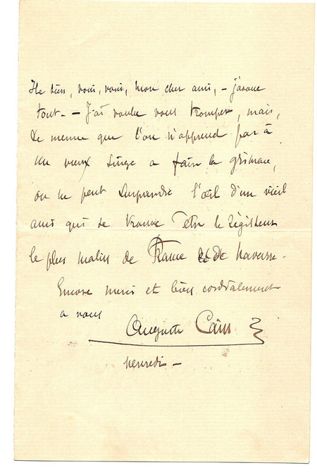 Auguste CAIN n'apprend pas à un vieux singe à faire la grimace lettre autographe
