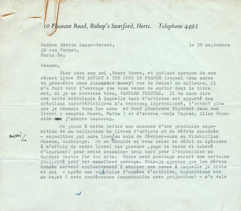 Walter John STRACHAN et le livre d'artiste Paroles Peintes 2 lettres Fitzwilliam