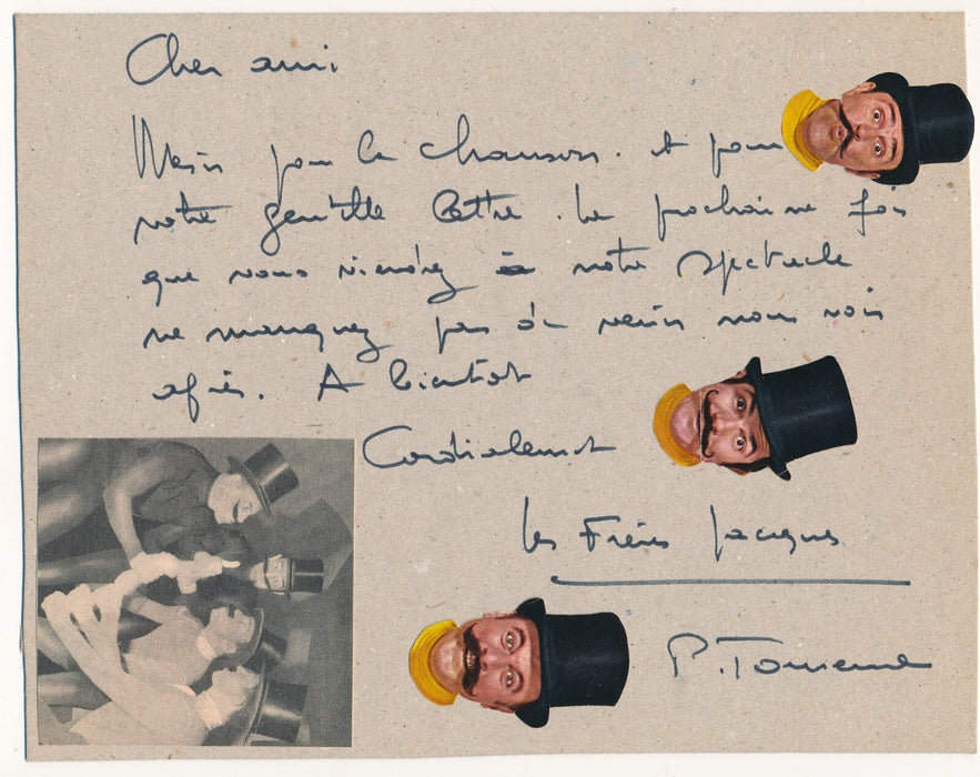 Les Frères Jacques Paul lettre autographe signée sur carton Paul Tourenne