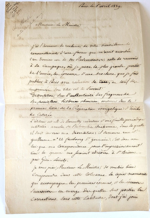 SÉGUIER de SAINT-BRISSON son ouvrage Sanchoniathon lettre autographe signée