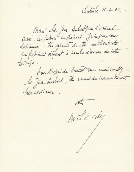 peintre Michel Ciry lettre autographe signée poésie 1950 Jean Aubert