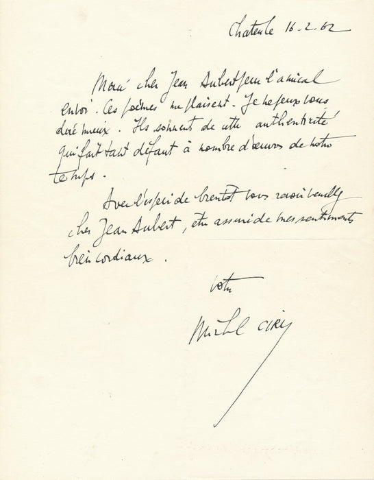 peintre Michel Ciry lettre autographe signée poésie 1950 Jean Aubert