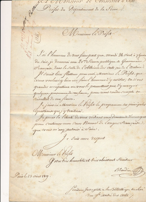 Jean-Noël BLONDIN leçon de grammaire invitation préfet lettre autographe signée