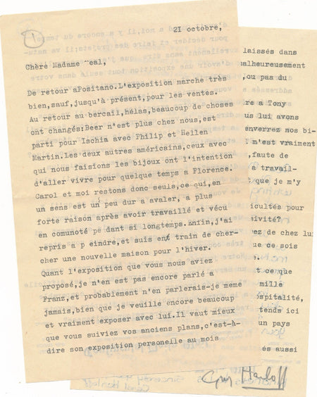 Guy HARLOFF 2 lettres signées de jeunesse bijoux peinture 1953