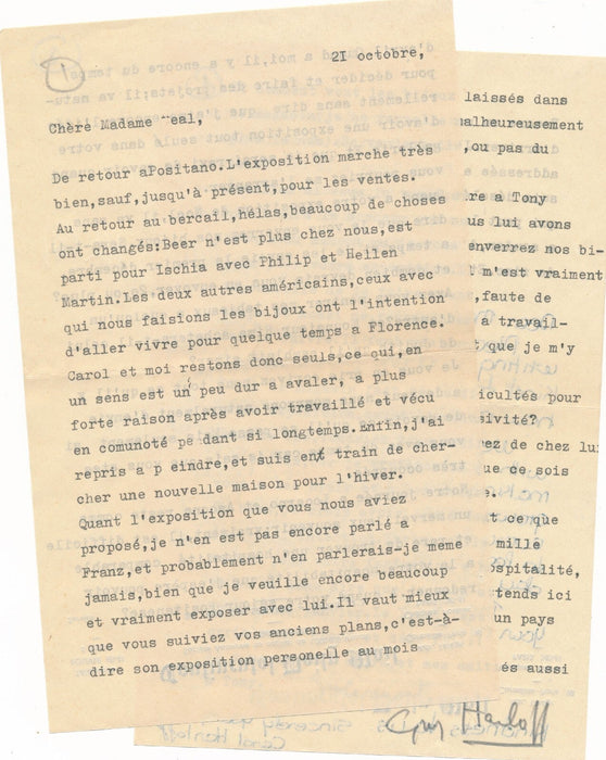 Guy HARLOFF 2 lettres signées de jeunesse bijoux peinture 1953