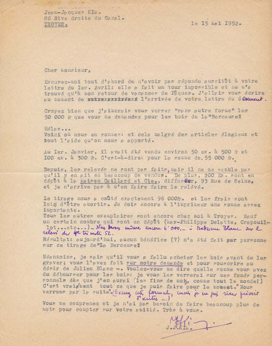 J.-J. KIM 3 lettres Berceuse irlandaise Julien Blanc DELATOUSCHE autographes