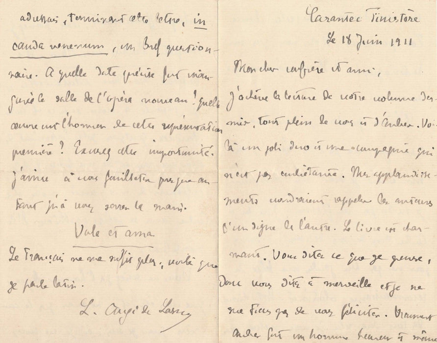 auteur Augé de Lassus Auber compositeur 2 lettres autographes signées hommage 