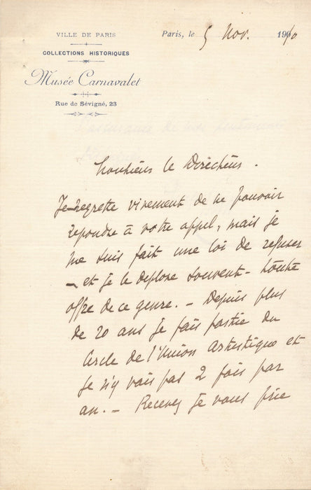 Georges CAIN refuse une offre de ce genre lettre autographe signée peintre