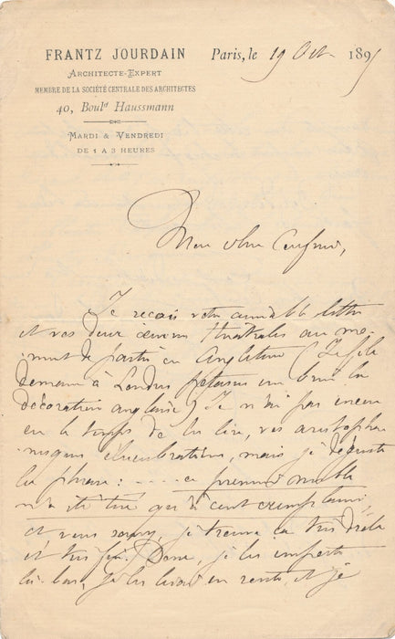 Frantz JOURDAIN architecte 3 lettres autographes signées Joachim MALÉZIEUX