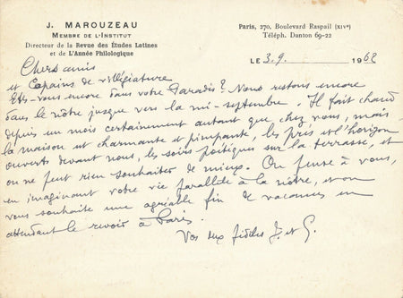 Jules MAROUZEAU latiniste lettre autographe signée 1962