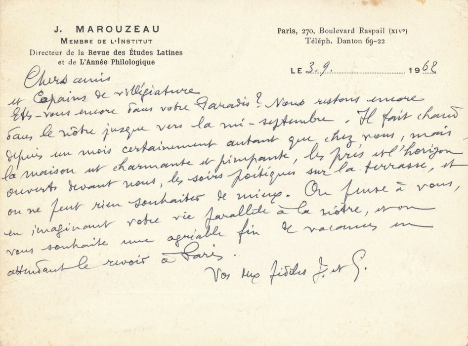 Jules MAROUZEAU latiniste lettre autographe signée 1962