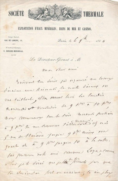 Société thermale escrime Raimondi Lettre autographe signée à Jules de Premaray