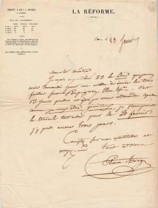 bel ensemble Etienne ARAGO 3 lettres autographes à Aristide Guilbert La Réforme
