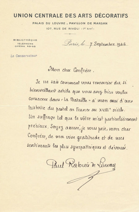 Paul RATOUIS DE LIMAY ouvrage pastel lettre autographe signée art Lassaigne