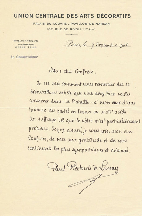 Paul RATOUIS DE LIMAY ouvrage pastel lettre autographe signée art Lassaigne