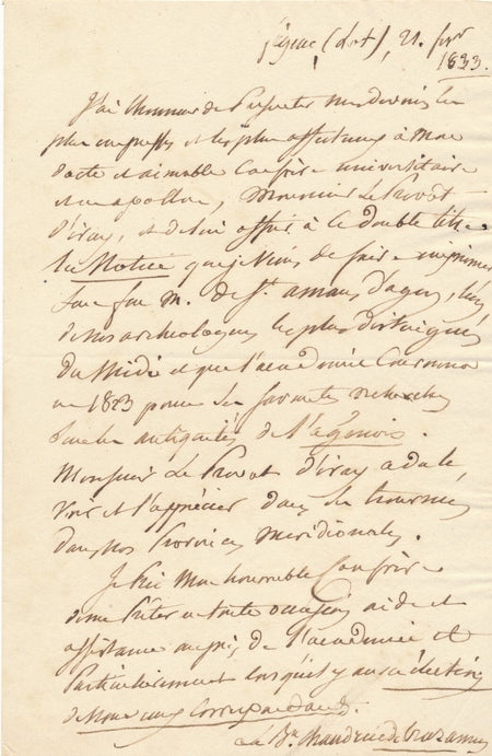 CHAUDRUC DE CRAZANNES à LE PRÉVOST D'IRAY archéologue Saint-Amans Agen lettre