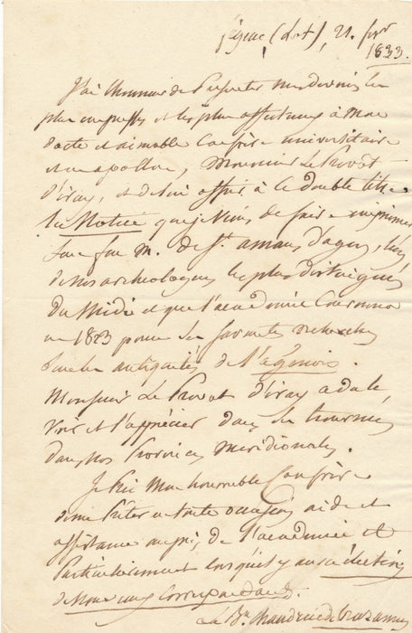 CHAUDRUC DE CRAZANNES à LE PRÉVOST D'IRAY archéologue Saint-Amans Agen lettre