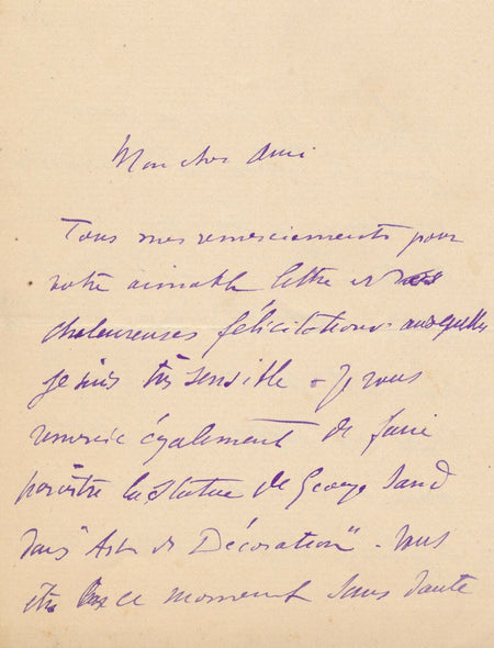 François SICARD sculpteur lettre autographe signée la statue de George Sand