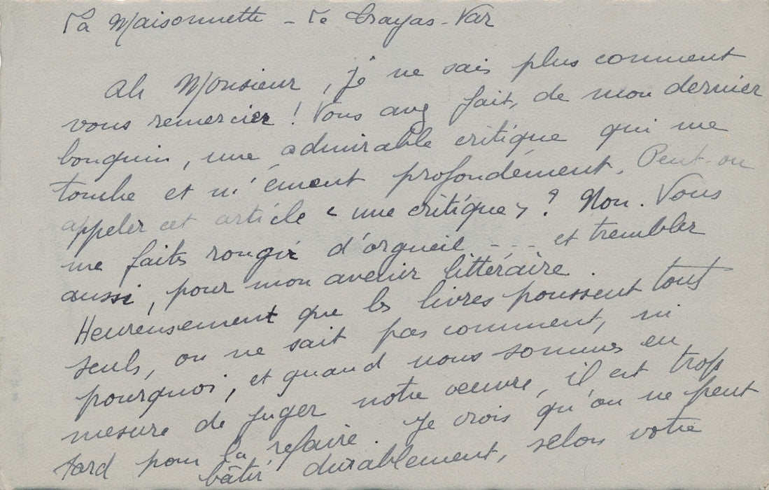 Marcelle Vioux lettre remerciements Marcel Gras métier d'écrivain v. 1930