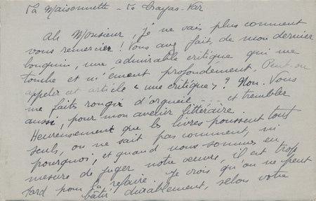 Marcelle Vioux lettre remerciements Marcel Gras métier d'écrivain v. 1930