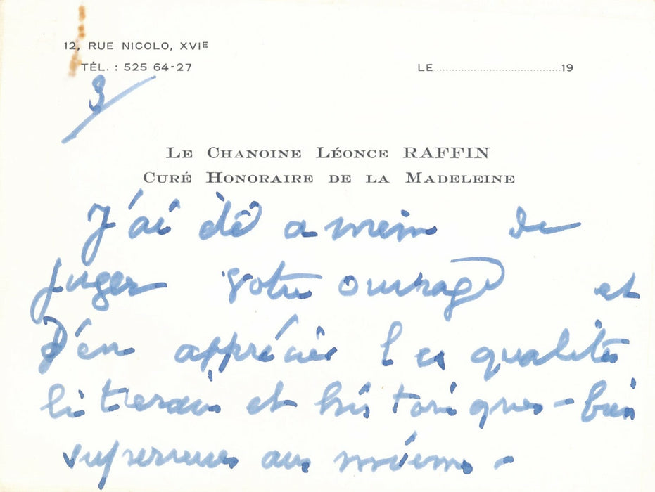 Léonce RAFFIN curé de la Madeleine lettre autographe signée princesse Gonzague
