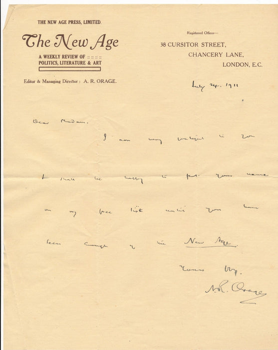 Alfred Richard ORAGE The New Age 4 lettres autographes signées presse Ciolkowska
