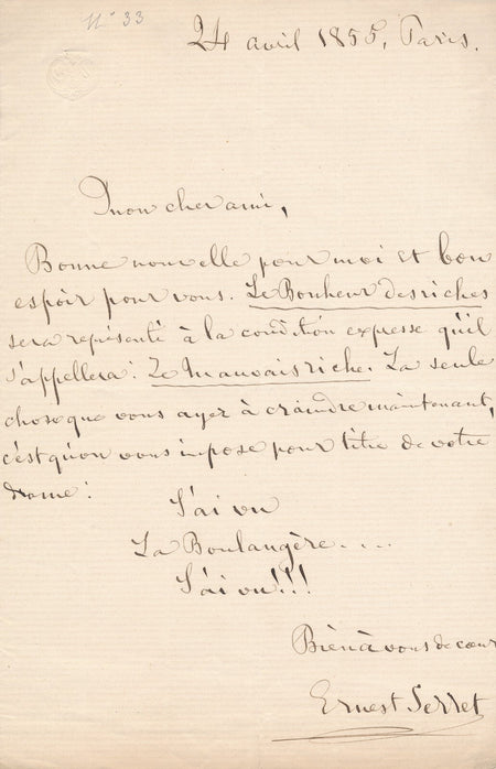 Théâtre Ernest SERRET Le Mauvais Riche lettre autographe signé à J. de Prémaray