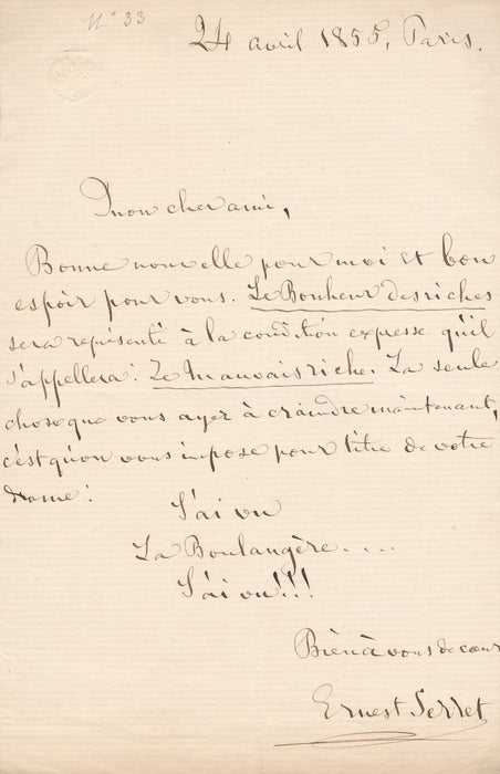 Théâtre Ernest SERRET Le Mauvais Riche lettre autographe signé à J. de Prémaray