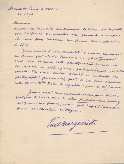Paul MARGUERITTE ses affaires photographiques 2 lettres autographes signées