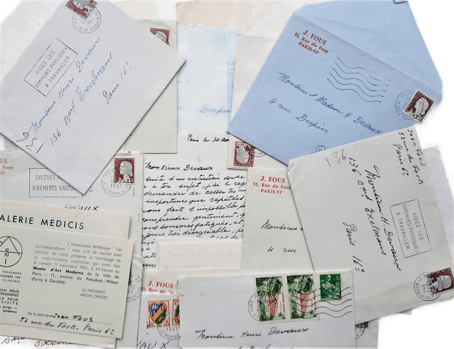 Jean FOUS correspondance 24 lettres ou cartes peintre naïf 1960 1962 Jakovsky