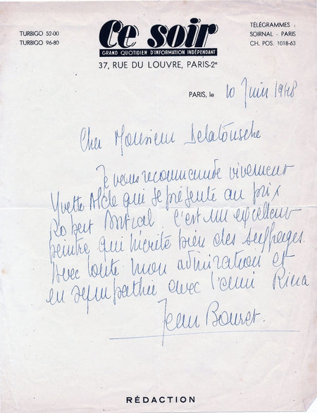 art Jean Bouret (1914-1979), critique d’art lettre autographe signée Yvette Alde