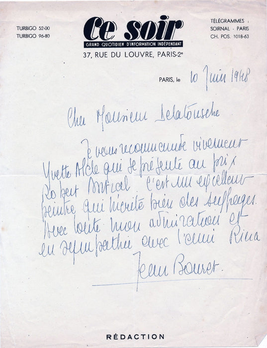 art Jean Bouret (1914-1979), critique d’art lettre autographe signée Yvette Alde
